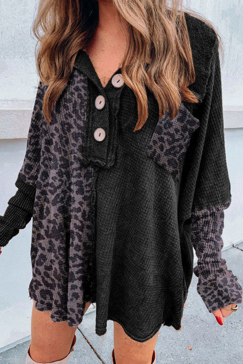 Effortless Black Leopard Button Blouse